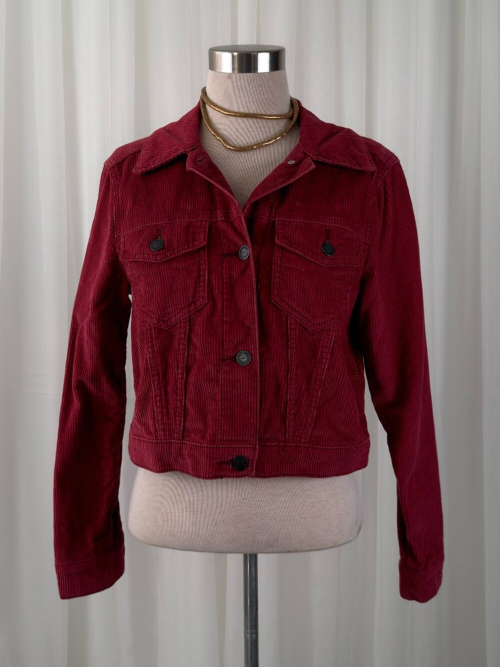 Hollister Corduroy Cropped Trucker Jacket Womens Burgundy S Y2K Dark‎ Academia
